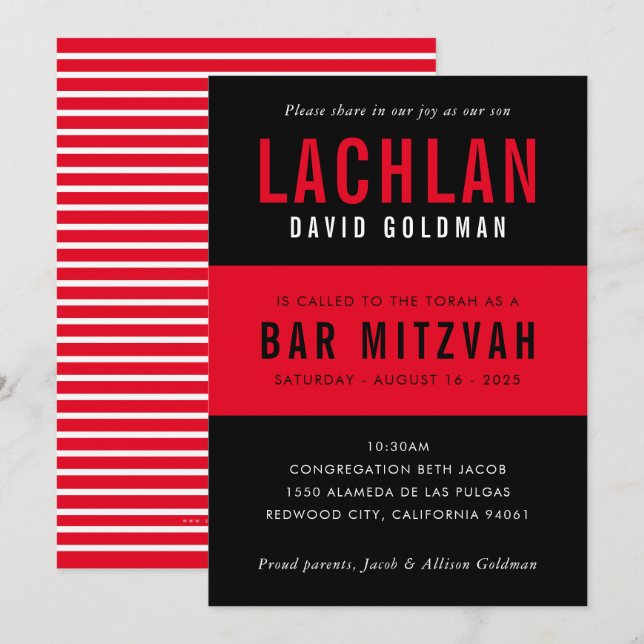 Invitación BAR MITZVAH moderna de tipografía mínima negro roj (Anverso / Reverso)