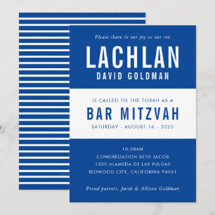Invitación BAR MITZVAH moderna tipografía mínima azul blanco