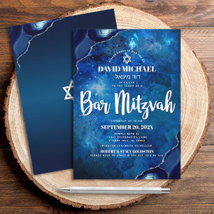 Invitación Bar Mitzvah Moderno Azul Acuarela Agata Script