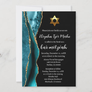 Invitación Bar Mitzvah Moderno Azul Teal Negro y Dorado