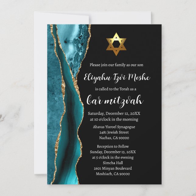 Invitación Bar Mitzvah Moderno Azul Teal Negro y Dorado (Anverso)