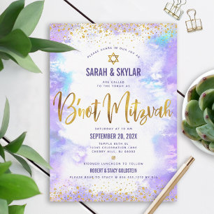 Invitación Bar Mitzvah Moderno con Hoja de Oro y Acuarela Mor