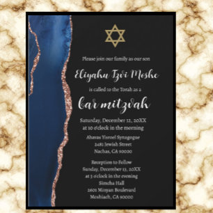 Invitación Bar Mitzvah moderno de azul marino y oro rosa