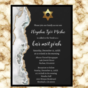 Invitación Bar Mitzvah Moderno de Blanco y Negro con Dorado