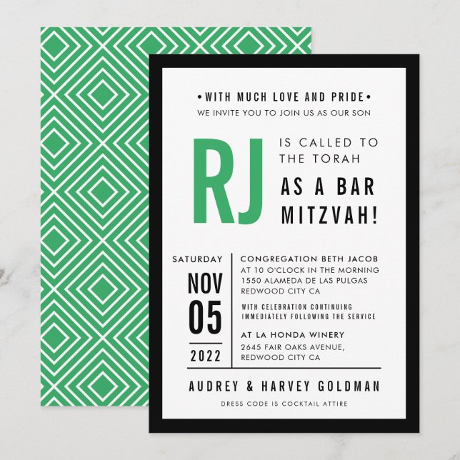 Invitación BAR MITZVAH moderno geométrico kelly verde negro (Anverso / Reverso)