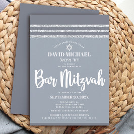 Invitación Bar Mitzvah Moderno Gris Tallit Alto Plateado Simp