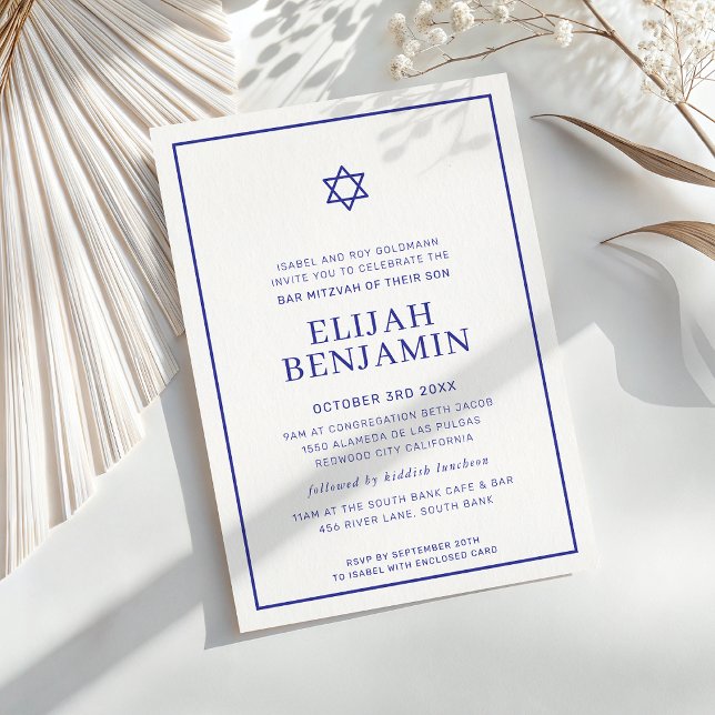Invitación BAR MITZVAH moderno minimal estrella borde azul re (Subido por el creador)