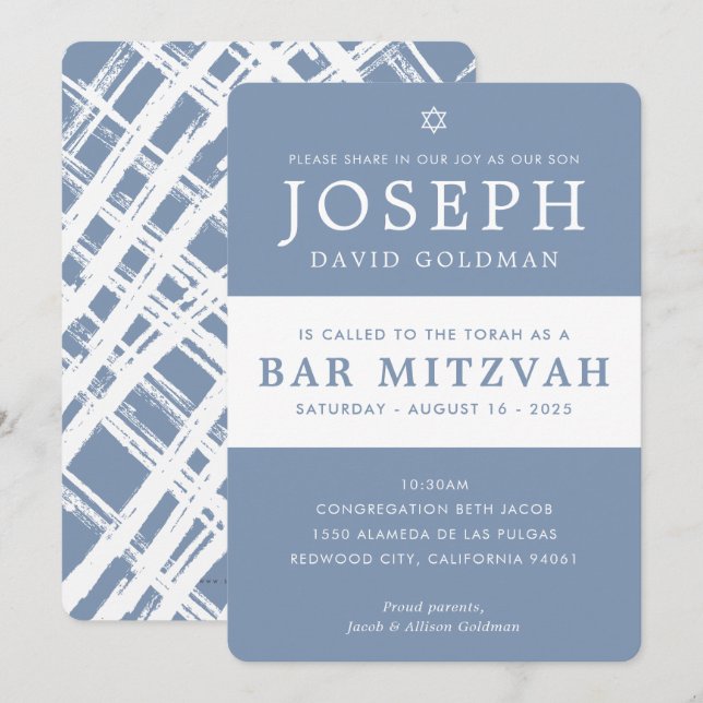 Invitación BAR MITZVAH moderno minimalista blanco (Anverso / Reverso)