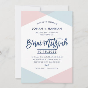Invitación BAR MITZVAH moderno script mínimo azul rosa