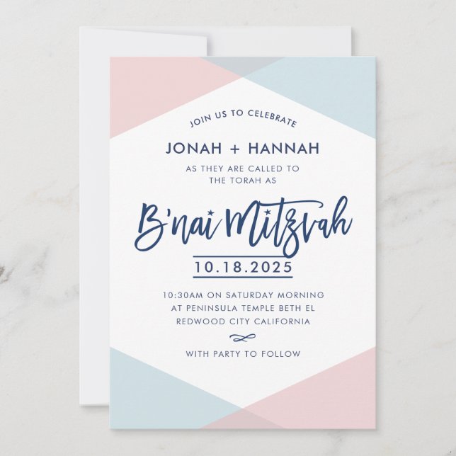 Invitación BAR MITZVAH moderno script mínimo azul rosa (Anverso)
