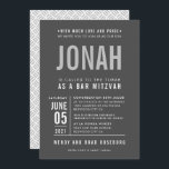 Invitación BAR MITZVAH moderno tipo audaz tipo de bloque gris<br><div class="desc">por kat massard >> WWW.SIMPLYSWEETPAPERIE.COM <<< - - - - - - - - - - - - - - - - - - CONTACTE CONMIGO para ayudar a equilibrar tu tipo a la perfección Amar el diseño, pero me gustaría ver algunos cambios - otro esquema de color, producto, añadir...</div>