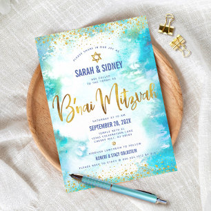Invitación Bar Mitzvah Moderno Turquesa Acuarela Dorado