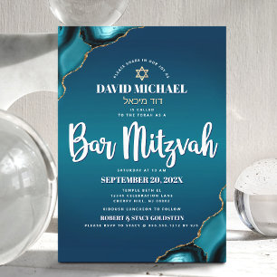 Invitación Bar Mitzvah Moderno Turquesa Ombre Ágata Escritura