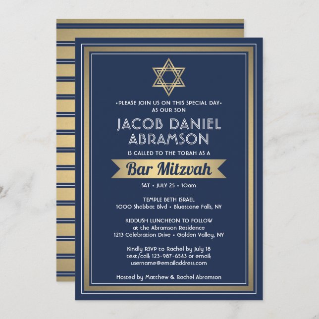 Invitación Bar Mitzvah Moderno y elegante Marina Azul blanco  (Anverso / Reverso)