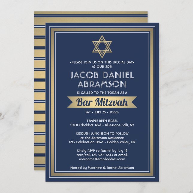 Invitación Bar Mitzvah Moderno y elegante Marina Azul blanco  (Anverso / Reverso)