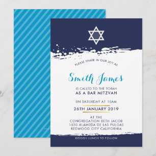 Invitación BAR MITZVAH moderno y fresco entre el pincel azul