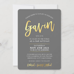 Invitación Bar Mitzvah moderno y personalizado para GAVIN oro
