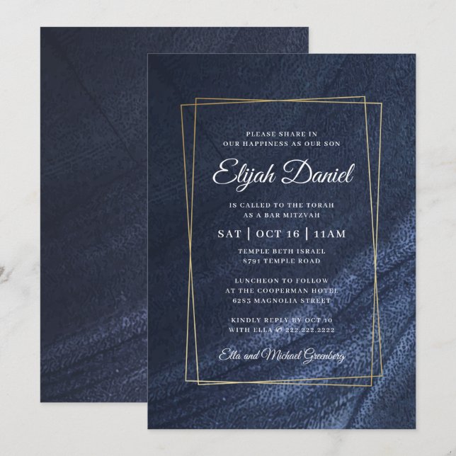 Invitación Bar Mitzvah Monograma moderno Marco dorado (Anverso / Reverso)