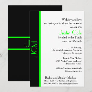 Invitación Bar Mitzvah Monograma Verde Lima Negro