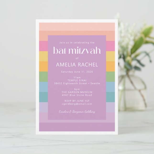 Invitación Bar Mitzvah Morado Arcoíris de Raya Pastel Brillan (Anverso de pie)