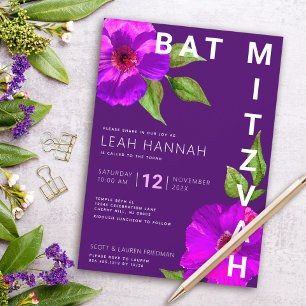Invitación Bar Mitzvah Murciélago Morado Floral Acuarela Mode