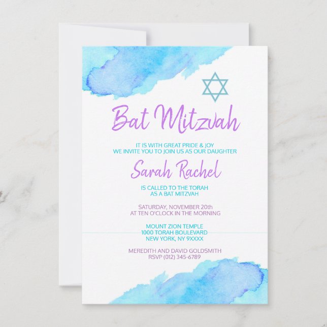 Invitación Bar Mitzvah Murciélago Turquesa Púrpura (Anverso)