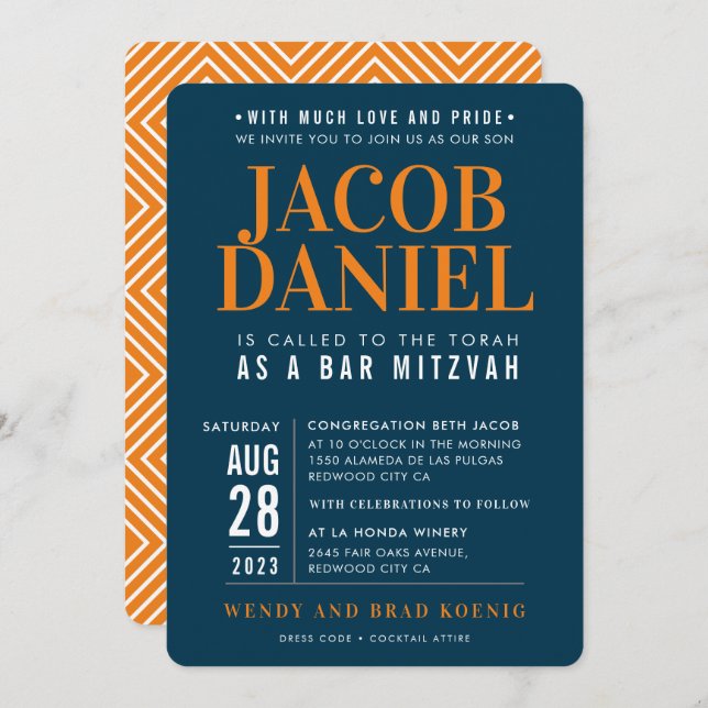 Invitación BAR MITZVAH naranja azul de pila geométrica modern (Anverso / Reverso)