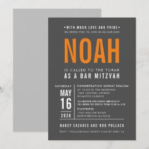 Invitación BAR MITZVAH naranja gris tipo bloque negrita moder