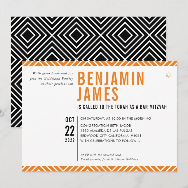 Invitación BAR MITZVAH naranja negro simple y moderno Invitac (Anverso / Reverso)
