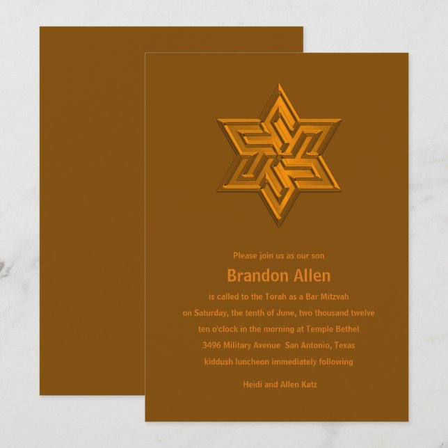 Invitación Bar Mitzvah Naranja Tones Estrella de David (Anverso / Reverso)