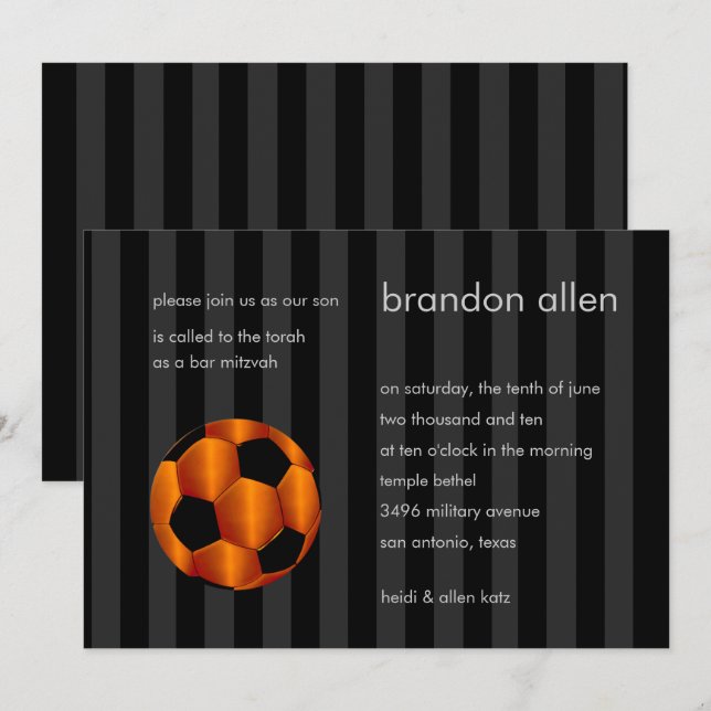 Invitación Bar Mitzvah Naranja y Black Soccer Ball (Anverso / Reverso)