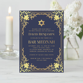 Invitación Bar Mitzvah Navy Blue Faux Gold Vintage Religioso