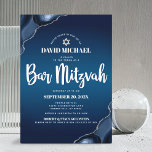 Invitación Bar Mitzvah Navy Blue Ombre Agate Script Moderno<br><div class="desc">¡Siéntete orgulloso, regocijo y exhibe este hito de tu Bar Mitzvah favorito! Envíe esta invitación fresca, única, moderna y personalizada para un evento que recordar. Tipografía de escritura blanca y Star of David superponen un fondo oscuro azul marino profundo con agate azul de acero acentuado con venas falsas de plata....</div>