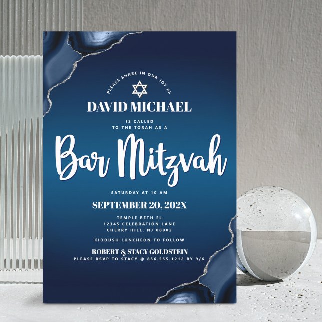 Invitación Bar Mitzvah Navy Blue Ombre Agate Script Moderno (Subido por el creador)