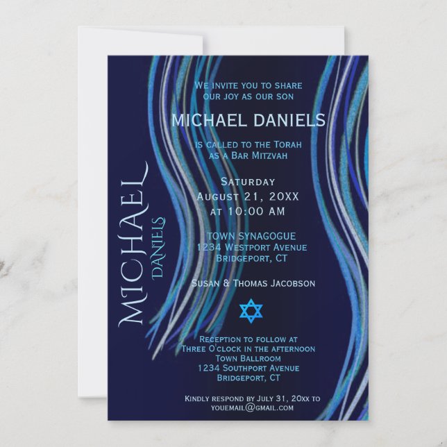 Invitación Bar Mitzvah Navy Blue Prayer Shawl (Anverso)