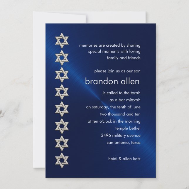 Invitación Bar Mitzvah Navy Sheen Silver Stars de David (Anverso)