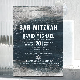 Invitación Bar Mitzvah Negrita Relieve metalizado plateado mo