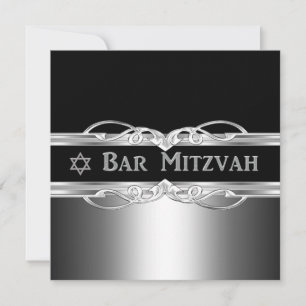 Invitación Bar Mitzvah Negro Metal Plateado Niño