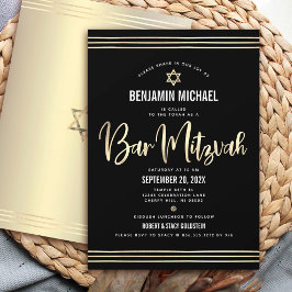 Invitación Bar Mitzvah Negro Oro Hoja Script Negrita Moderno