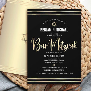 Invitación Bar Mitzvah Negro Oro Hoja Script Negrita Moderno
