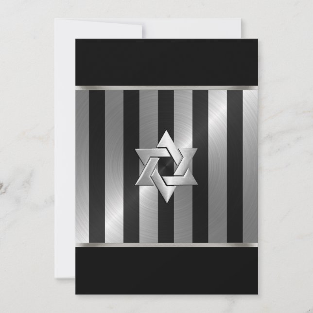 Invitación Bar Mitzvah Negro y Plata Estrella de David con Ra (Anverso)