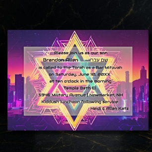 Invitación Bar Mitzvah Neon Silueta Urbana Ciudad