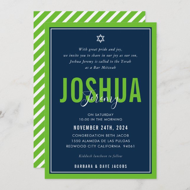 Invitación BAR MITZVAH niño atlético moderno nfl marina verde (Anverso / Reverso)