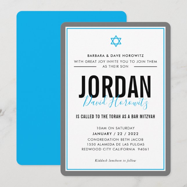 Invitación BAR MITZVAH niño estrella moderno aqua gris azul s (Anverso / Reverso)
