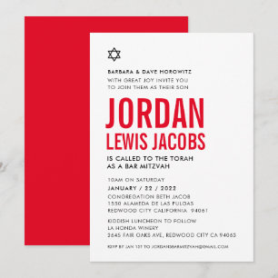 Invitación BAR MITZVAH niño estrella moderno blanco negro