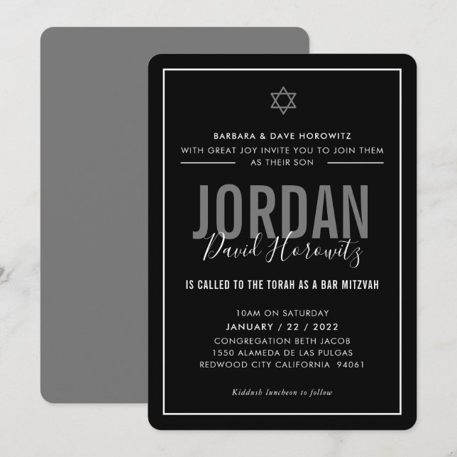 Invitación BAR MITZVAH niño estrella moderno blanco negro sim (Anverso / Reverso)