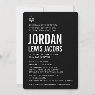 Invitación BAR MITZVAH niño estrella moderno blanco negro sim