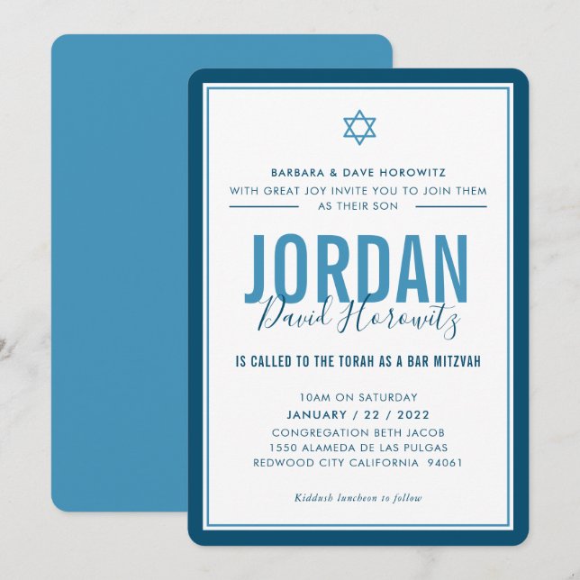 Invitación BAR MITZVAH niño estrella moderno denim azul simpl (Anverso / Reverso)