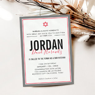 Invitación BAR MITZVAH niño estrella moderno gris rojo simple