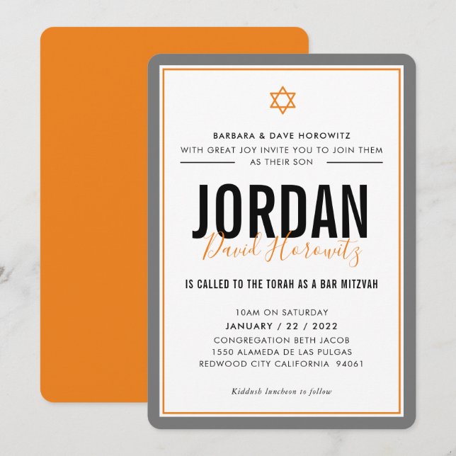 Invitación BAR MITZVAH niño estrella moderno naranja gris sim (Anverso / Reverso)